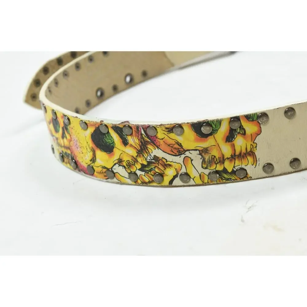 Ed Hardy Belt Mens Large Ivory Genuine Leather Skull Flames Studded Grommet Y2K